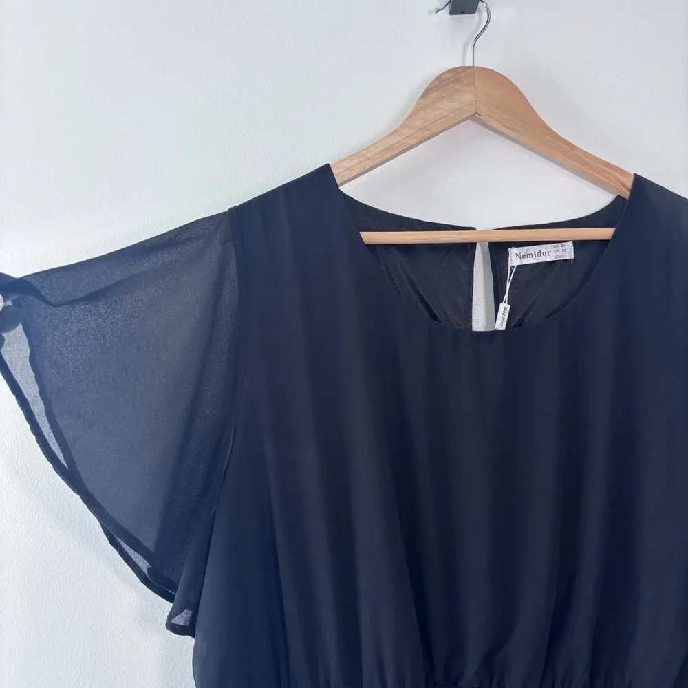 Amazon Black Flutter Sleeve Chiffon A-Line Knee Length Dress Plus Size 20 New - Picture 5 of 10